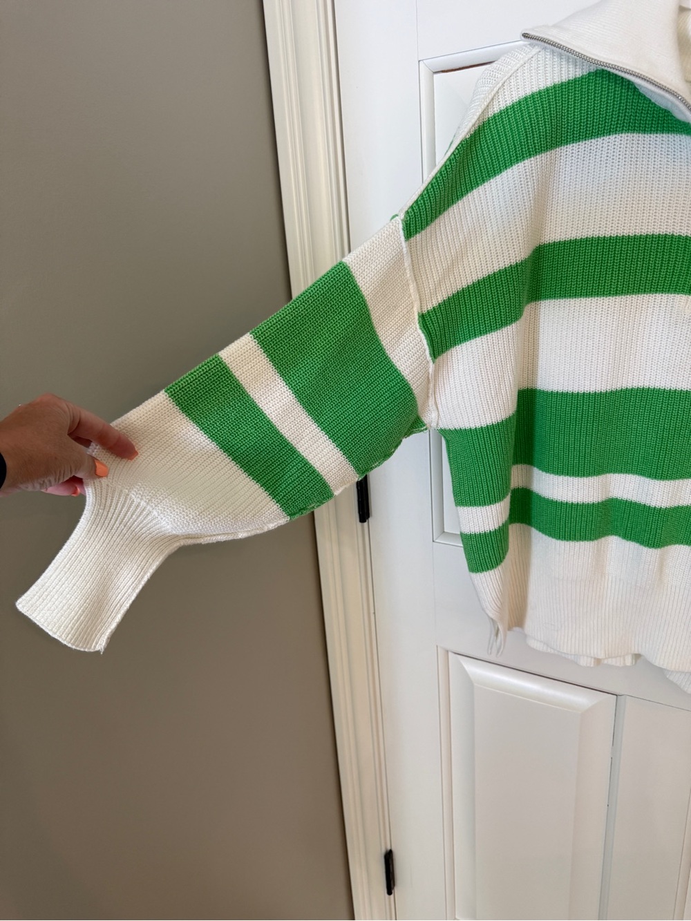 Aerie Green & White Striped Quarter Zip Cotton Sweater Size Small 55431 - Picture 5 of 11